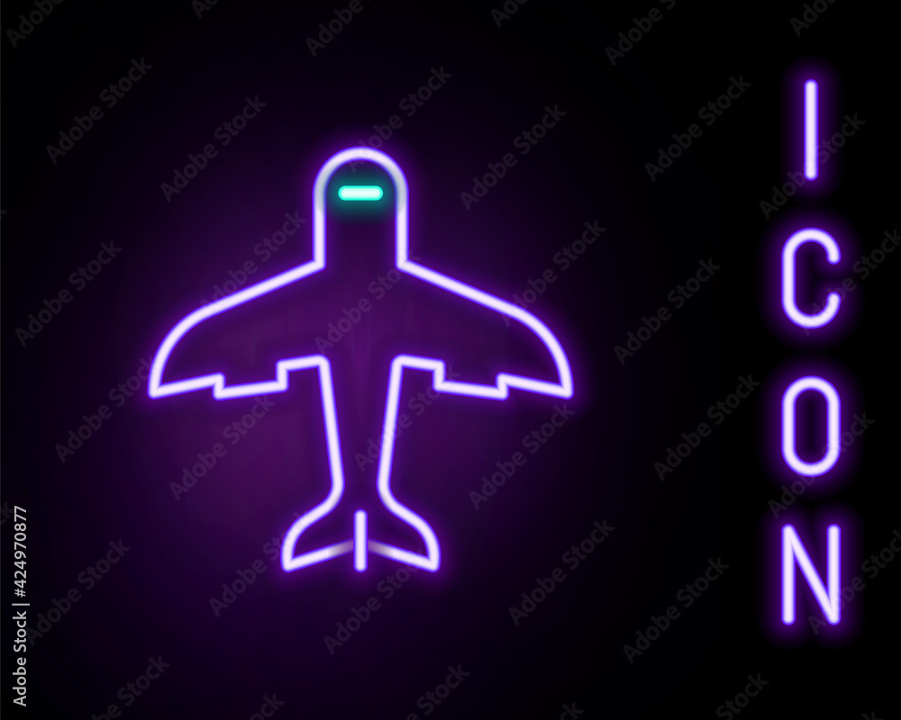 Glowing neon line Plane icon isolated on black background. Flying airplane icon. Airliner sign. Colorful outline concept. Vector Glowing neon line Plane icon isolated on black background. Flying airplane icon. Airliner sign. Colorful outline concept. Vector