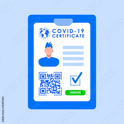 Vaccination certificate concept with QP code for travel during the coronavirus pandemic. Vector illustration in flat style. Eps 10