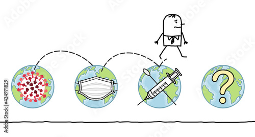 Cartoon Man Jumping from The Earth contaminated by the Virus, to the next stages