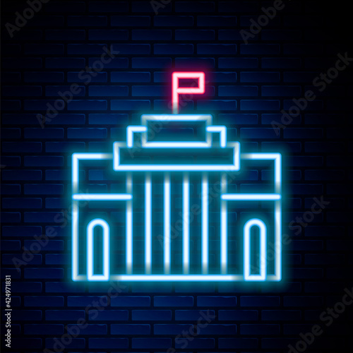 Glowing neon line Prado museum icon isolated on brick wall background. Madrid, Spain. Colorful outline concept. Vector