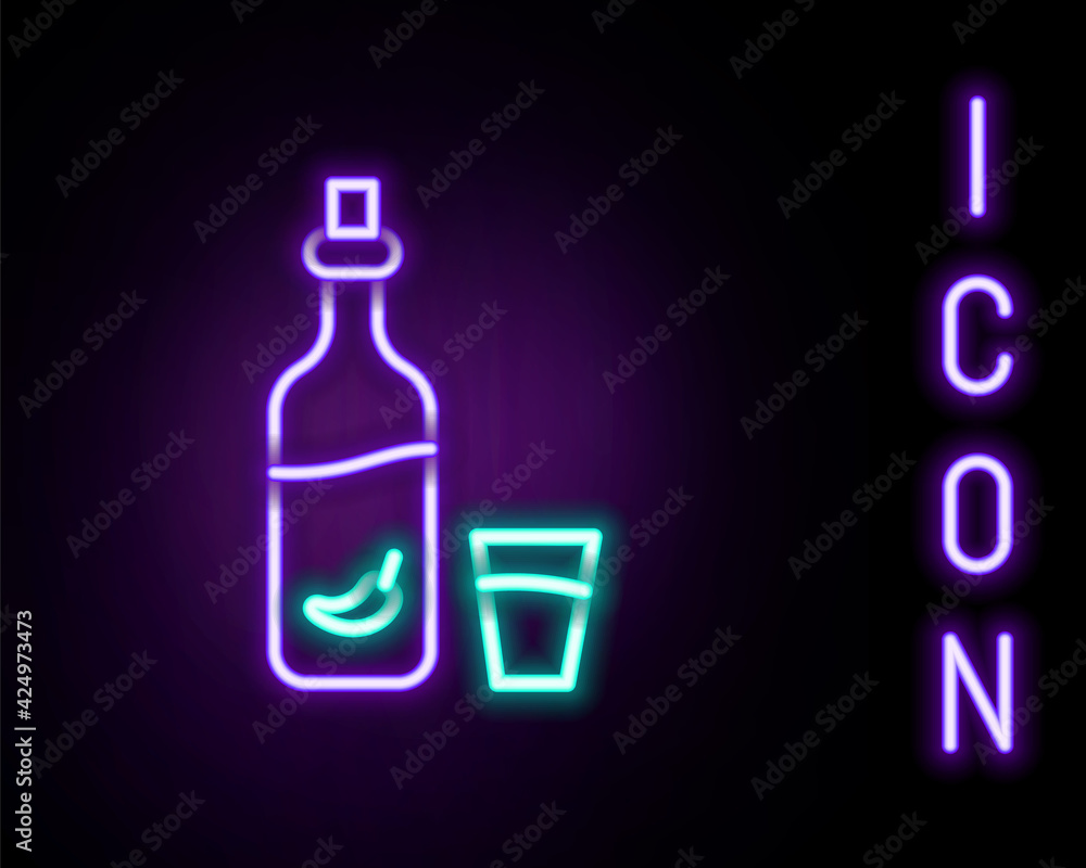 Glowing neon line Vodka with pepper and glass icon isolated on black background. Ukrainian national alcohol. Colorful outline concept. Vector Glowing neon line Vodka with pepper and glass icon isolated on black background. Ukrainian national alcohol. Colorful outline concept. Vector