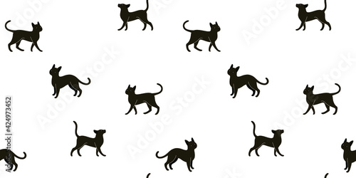 Seamless trendy pattern with graceful cat. Black cat on white background.