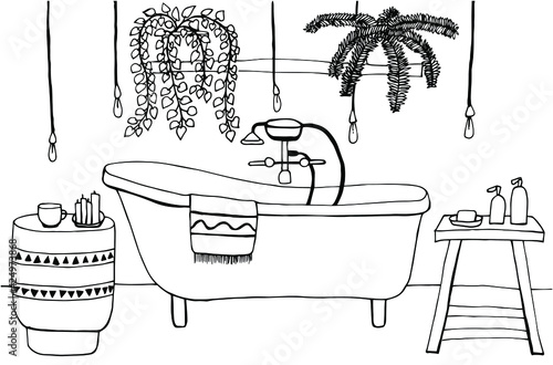 Coloring book with retro bathroom in boho style. House plants, vintage bath, mixer tap, small tables, towel, lamps, bottles with shampoo and shower gel.