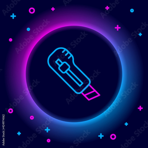 Glowing neon line Stationery knife icon isolated on black background. Office paper cutter. Colorful outline concept. Vector