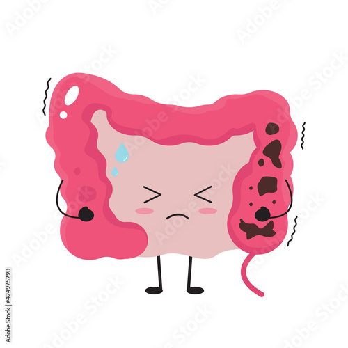 Kawaii guts full of undigested food and waste. Constipation concept.