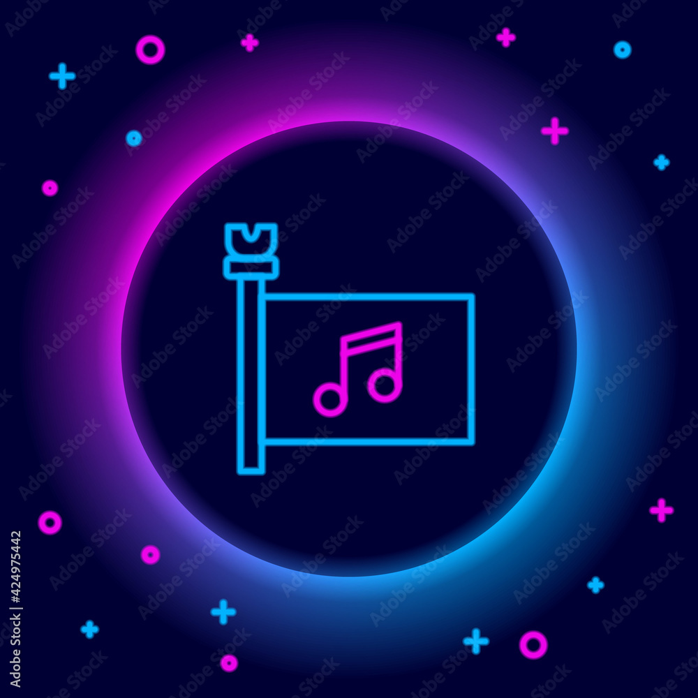 Glowing neon line Music festival, access, flag, music note icon isolated on black background. Colorful outline concept. Vector Glowing neon line Music festival, access, flag, music note icon isolated on black background. Colorful outline concept. Vector