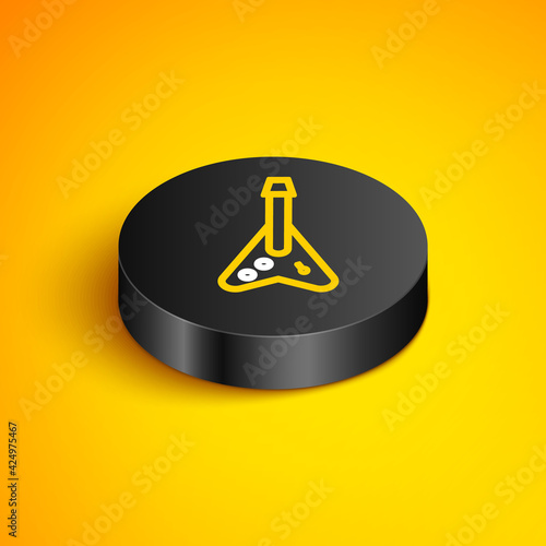 Isometric line Electric bass guitar icon isolated on yellow background. Black circle button. Vector