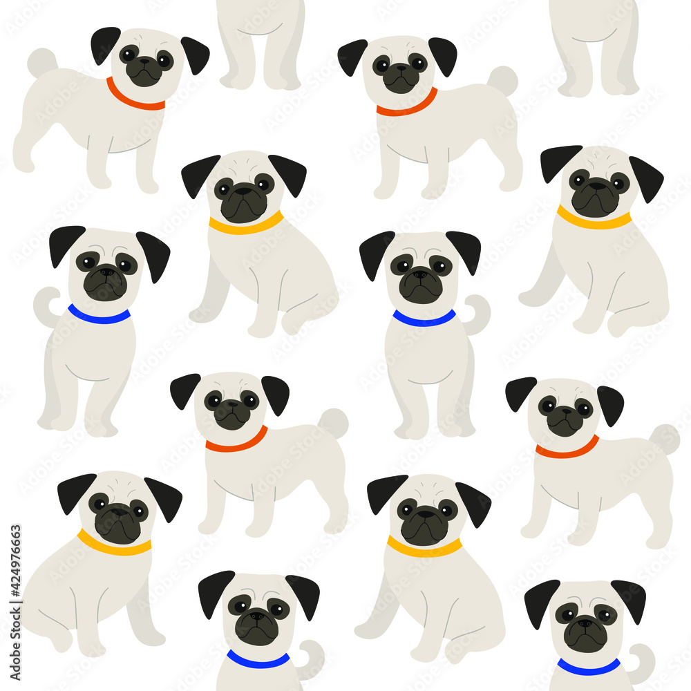 Obraz premium Cartoon happy pug dog - simple trendy pattern with dogs. Flat vector illustration for prints, clothing, packaging and postcards. 