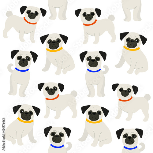 Fototapeta Naklejka Na Ścianę i Meble -  Cartoon happy pug dog - simple trendy pattern with dogs. Flat vector illustration for prints, clothing, packaging and postcards. 