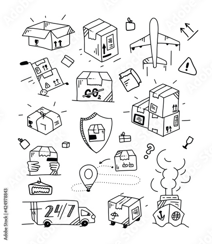 Doodle Delivery set. Outline logistics collection. Hand drawn transportation elements. Doodle box and package. Vector illustration.