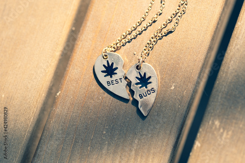 Set of best friends best buds heart necklace shoot outside in a summer day closeup. Selective Focus. High quality photo