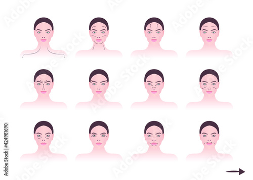 Face massage. Massage technique. Massage lines of the face and neck. Vector schematic image. First part.