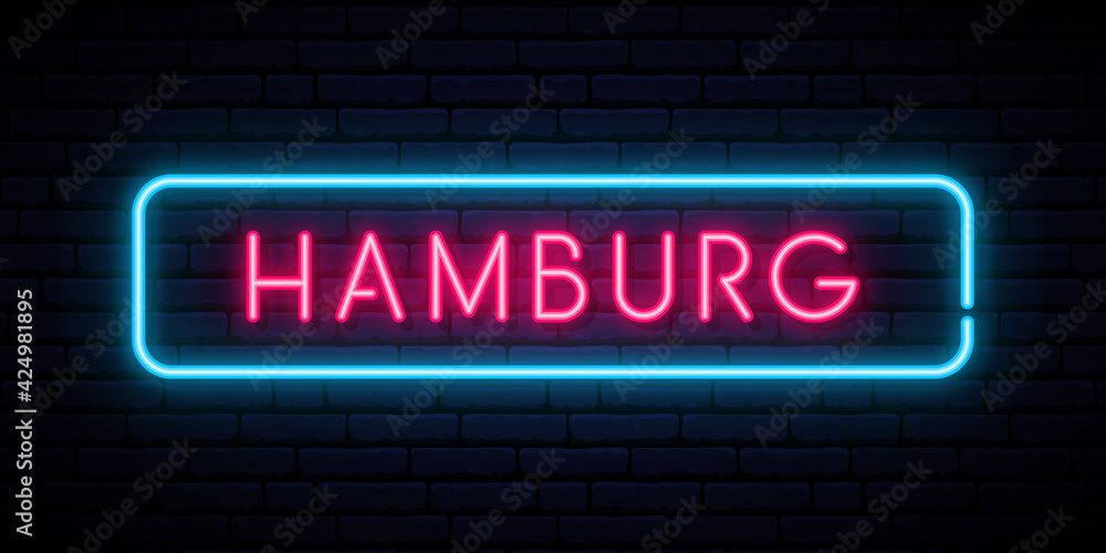 Hamburg neon sign. Bright light signboard. Vector banner. - obrazy, fototapety, plakaty 