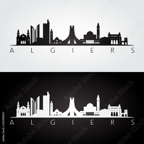 Tablou pe pânză Algiers, Algeria skyline and landmarks silhouette, black and white design, vector illustration