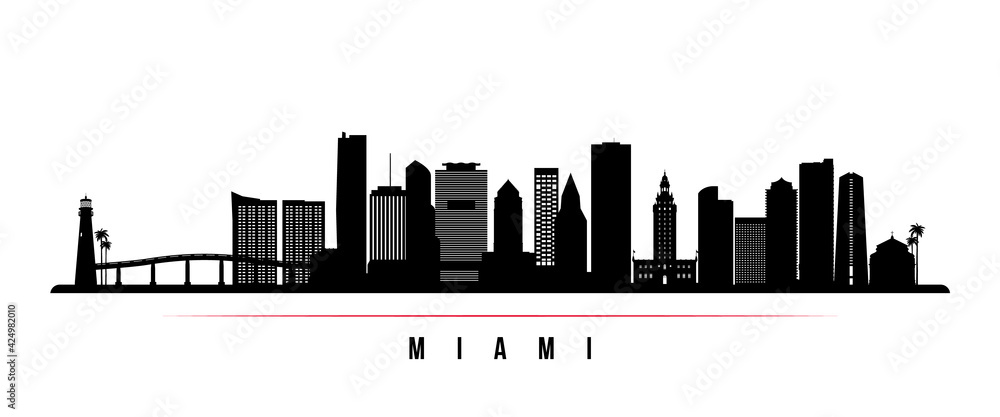 Naklejka premium Miami skyline horizontal banner. Black and white silhouette of Miami, Florida. Vector template for your design.