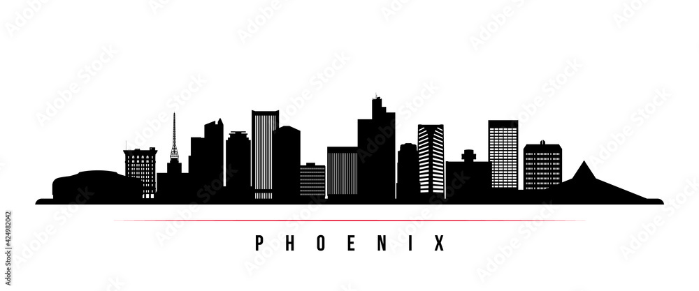Phoenix skyline horizontal banner. Black and white silhouette of Phoenix, Arizona. Vector template for your design.