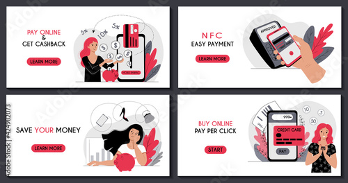 Banner for web page templates set. Contactless payment by card and smartphone nfc. Financial transactions accumulation and saving money cashback investment. Stock vector flat modern illustration..