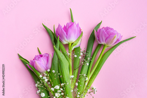 Romantic delicate bouquet of pink tulips and gypsophila  close-up on a colored background. Greeting card for mother s day  March 8 or wedding. Floristics  flower shop. Spring background.