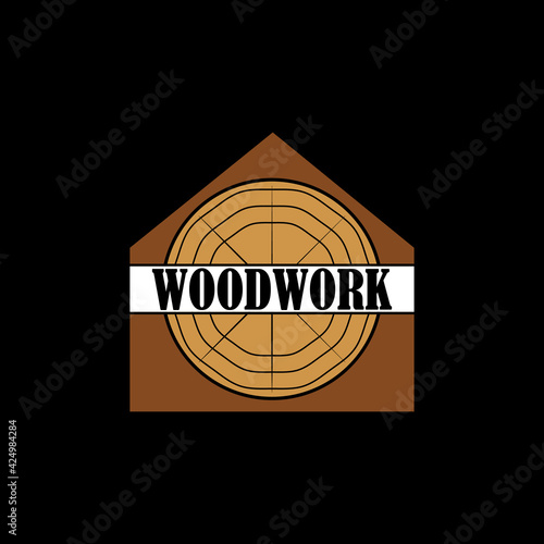 Сarpentry and woodwork logo for company business. Wood log and house. Vector for carpentry, woodworking, woodcraft, sawmill service. Isolated clipart on black background.
