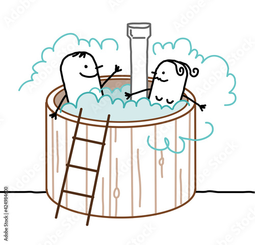 Cartoon Couple relaxing in an outdoor Jacuzzi