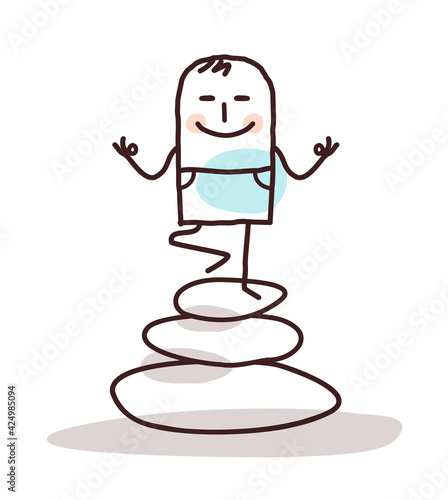 Cartoon yoga man on pile of stones