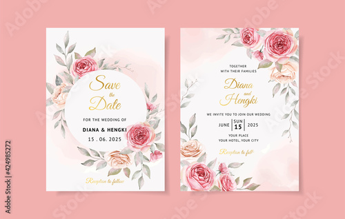 Soft pink watercolor wedding invitation card with beautiful floral