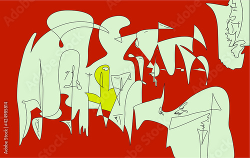 Vector colorful line art. Geometric illusion of unreal living creatures in the sky. Abstract modern cubist cartoon background art of opposite colors. 