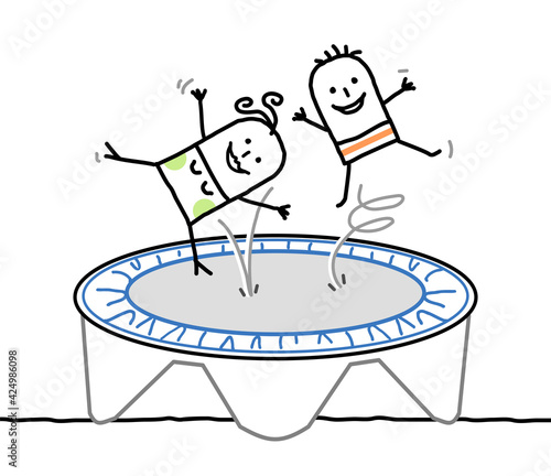 Cartoon Children having Fun on a Trampoline