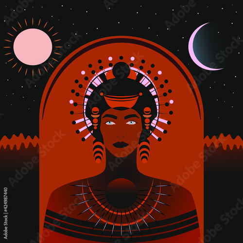 beautiful woman in a headdress. vector queen. sun and moon symbols.