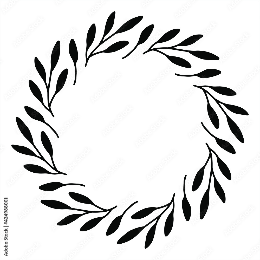 Vector hand drawn spring wreath isolated on white background. Silhouette circle of leaves. Doodle style. Floral frame. Vector hand drawn spring wreath isolated on white background. Silhouette circle of leaves. Doodle style. Floral frame.