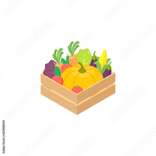 A set of fresh vegetables in a wooden box on a white background.