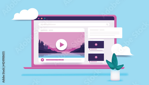 Laptop with video on screen - Computer with unbranded tube website and ui elements. Watching video content online concept. professional 3d vector illustration.