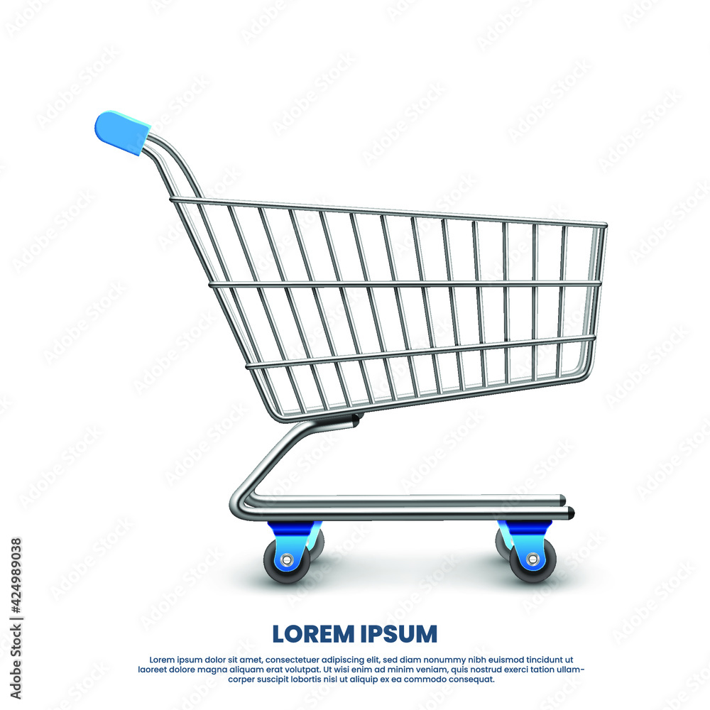 Empty metallic supermarket shopping cart side view isolated. Realistic retail pushcart. Eps10 vector illustration. Empty metallic supermarket shopping cart side view isolated. Realistic retail pushcart. Eps10 vector illustration.