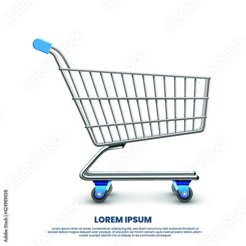 Empty metallic supermarket shopping cart side view isolated. Realistic retail pushcart. Eps10 vector illustration.