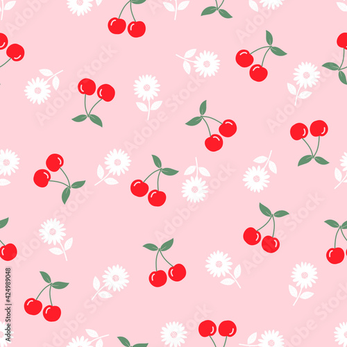 Seamless pattern with cherry and daisy flower on pink background vector illustration.