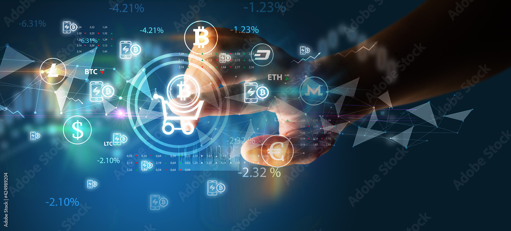 Business person hand pushing currency symbol on multimedia touch screen Business person hand pushing currency symbol on multimedia touch screen