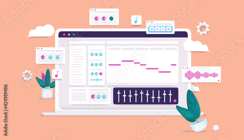 Creating music on computer - Laptop with audio creation software application on screen. Producing electronic music concept. 3d vector illustration.