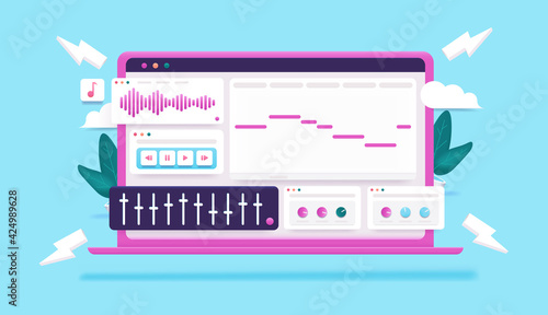 Electronic music creation on laptop computer - DAW (Digital audio workstation) on screen with midi and mixing elements. Colourful and editable 3d vector illustration.