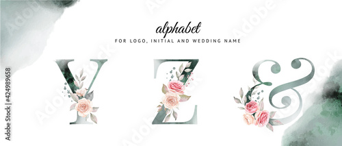 Watercolor alphabet set of y, z with beautiful floral . for logo, cards, branding, etc