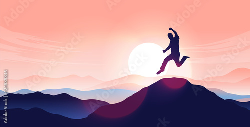 Man jumping on mountain top - Person jump in air with sunrise and mountain range in background. Personal happiness and triumph concept. Vector illustration.