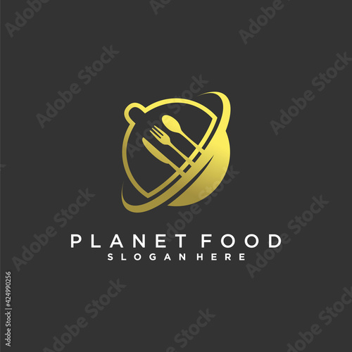 Planet food logo with modern concept and golden gradient colour for company Premium Vector