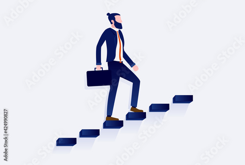 Businessman walking up stairs to success - Modern man with briefcase in staircase heading for success. Career growth and progress concept. Vector illustration.