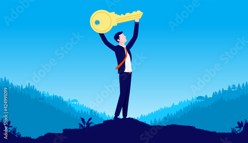 Key to success - Businessman holding key in hands, metaphor for solving problem and reaching success. Vector illustration.