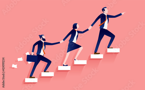 Business leader taking team to the top - Manager leading employees up career ladder. Great management and teamwork concept. Vector illustration.