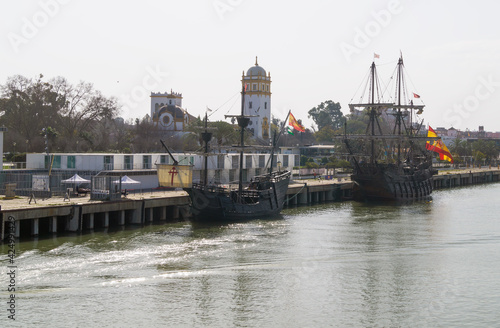 Replica of the Spanish ships (Nao Victoria and Galeon Andalusia) that made the first round the world and connected Spain with America and Asia. Historic ships docked in Seville (Andalusia, Spain).
