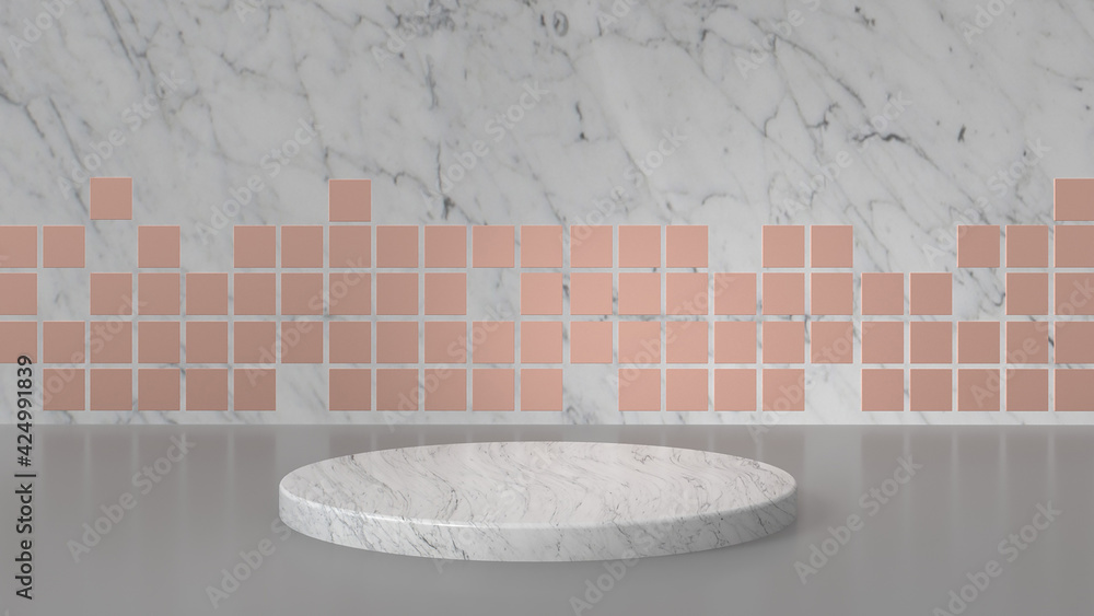 Mable white and rose gold tile wall and floor interior with round