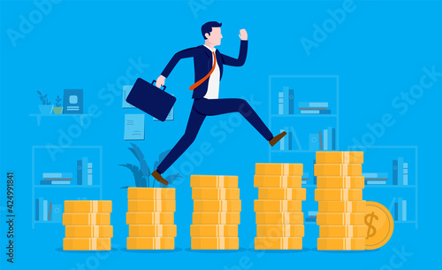 Profitable business - Businessman running up stair made of money, metaphor for growth and making money. Vector illustration.