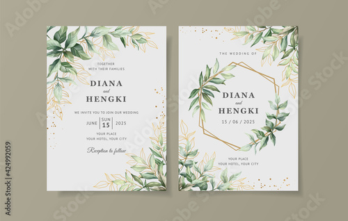 Green gold leaves wedding invitation card template