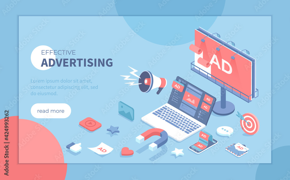 Effective advertising campaign. Promotion of goods and services using Outdoor Advertising, Internet ads, Direct marketing. Photo video ad in social networks, spam, billboard. Isometric vector 