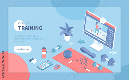 Online training, fitness, gym, workout at home, video exercises. Home sports equipment. Mobile application for tracking results. Isometric vector illustration for banner, website.